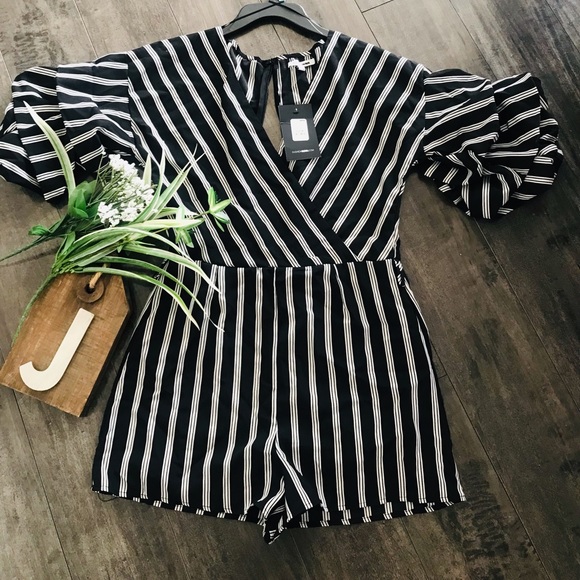 Fashion Nova Pants - NWT Fashion Nova Black and White Strip Short Romper